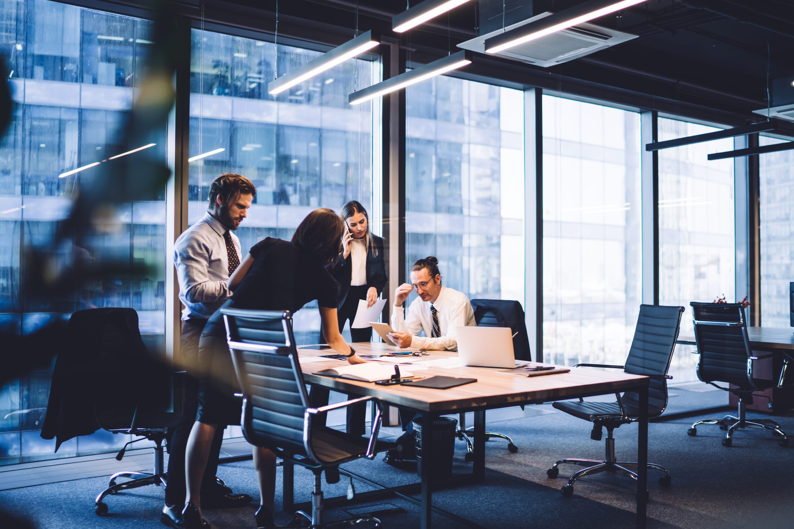 a group of people in an office